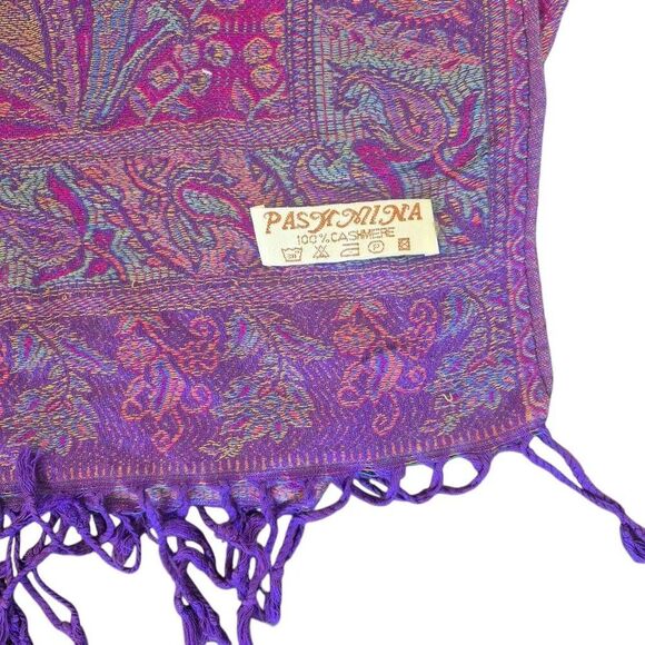 Pashmina Magenta 100% Cashmere Scarf w Fringe - Picture 5 of 7